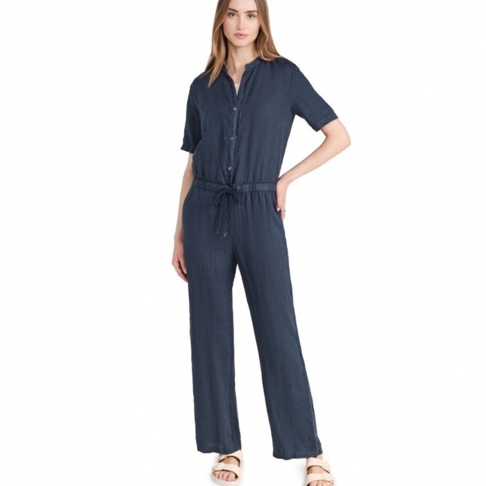 James Perse Navy Blue 100% Linen Short Sleeve Wide Leg Jumpsuit Women Size 2
